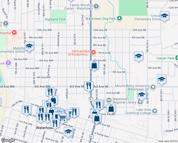 map of restaurants, bars, coffee shops, grocery stores, and more near 300-398 5th Avenue Northeast in Watertown