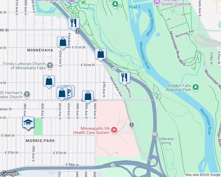 map of restaurants, bars, coffee shops, grocery stores, and more near 5300 48th Avenue South in Minneapolis
