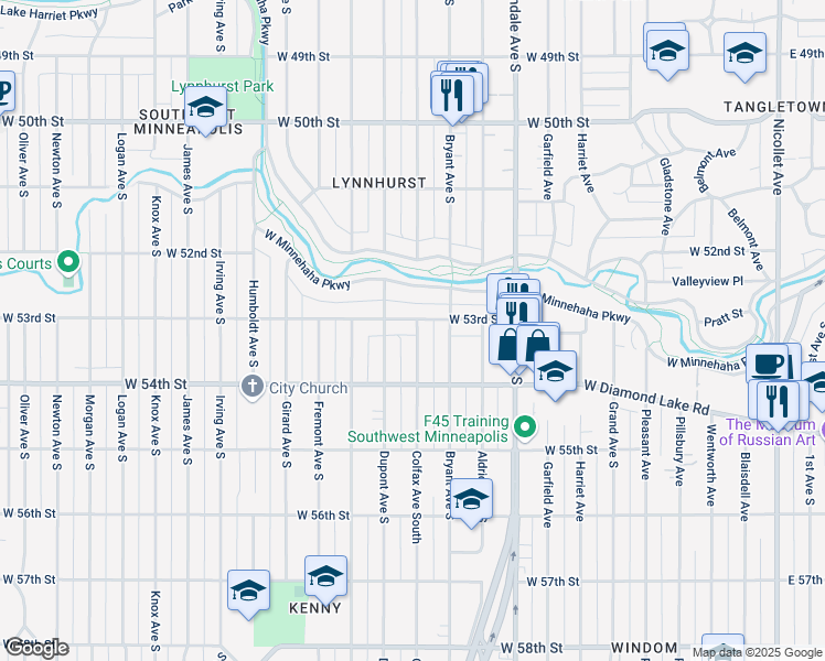 map of restaurants, bars, coffee shops, grocery stores, and more near 1000 West 53rd Street in Minneapolis