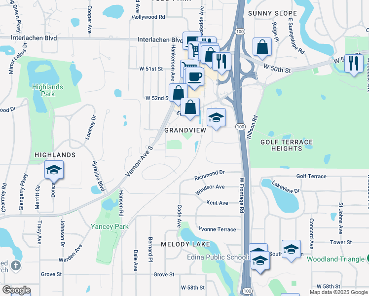 map of restaurants, bars, coffee shops, grocery stores, and more near 5250 Grandview Square in Minneapolis