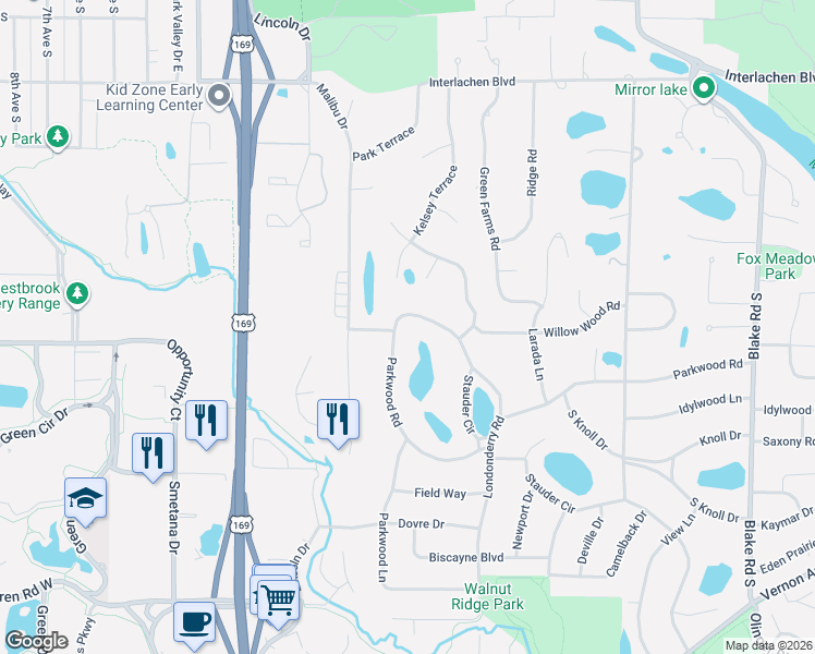 map of restaurants, bars, coffee shops, grocery stores, and more near 6654 Parkwood Road in Minneapolis