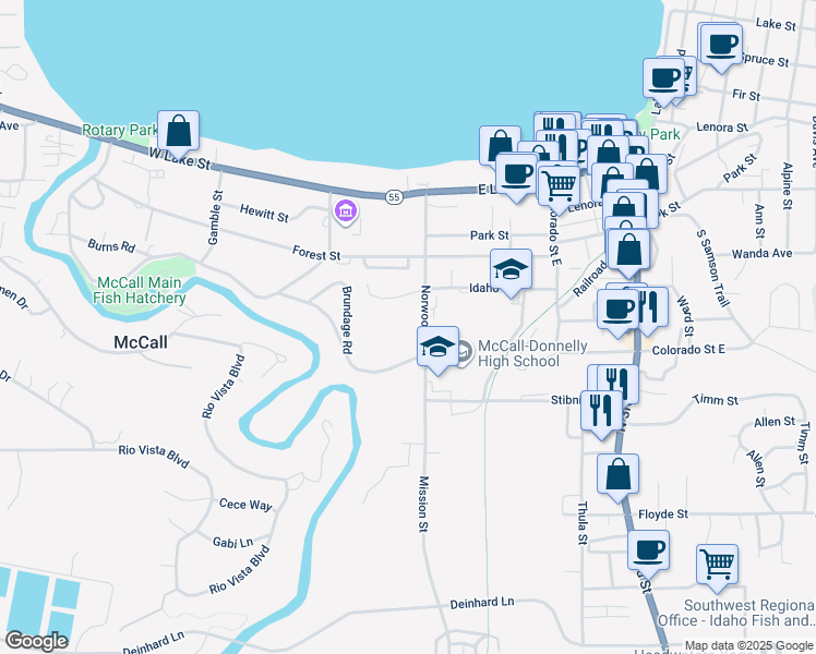 map of restaurants, bars, coffee shops, grocery stores, and more near 500 North Mission Street in McCall