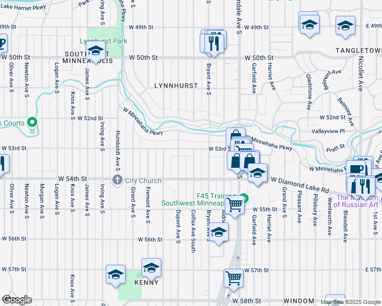 map of restaurants, bars, coffee shops, grocery stores, and more near 1000 West 53rd Street in Minneapolis