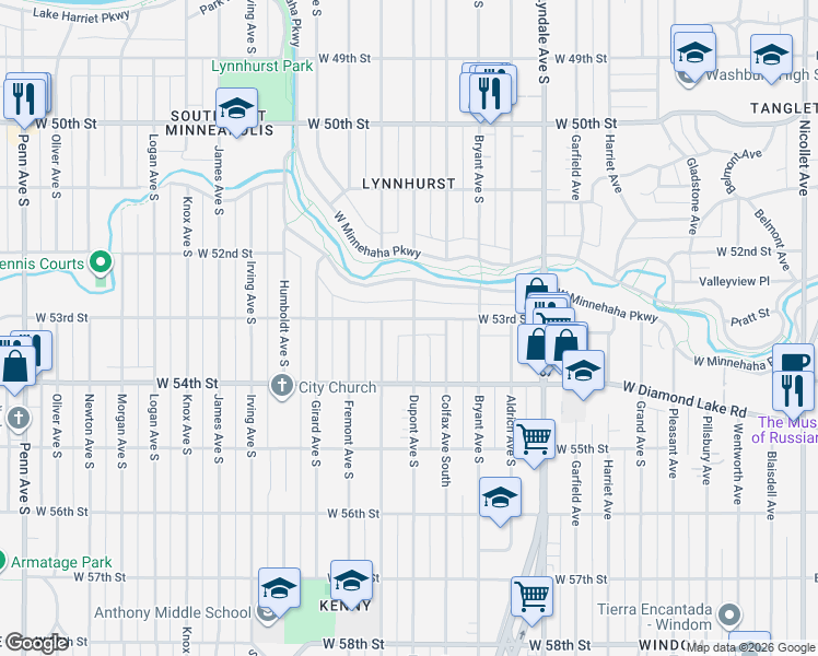 map of restaurants, bars, coffee shops, grocery stores, and more near 1114 West 53rd Street in Minneapolis