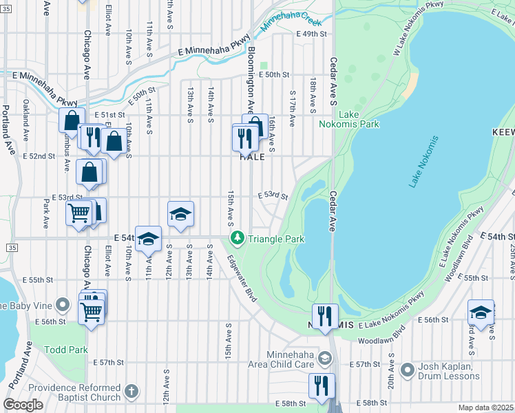 map of restaurants, bars, coffee shops, grocery stores, and more near 5247 Bloomington Avenue in Minneapolis