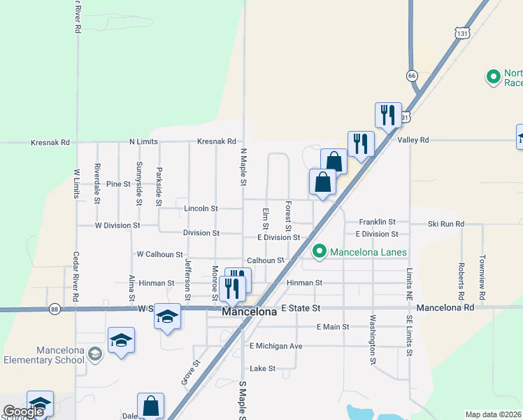 map of restaurants, bars, coffee shops, grocery stores, and more near 417 Elm Street in Mancelona