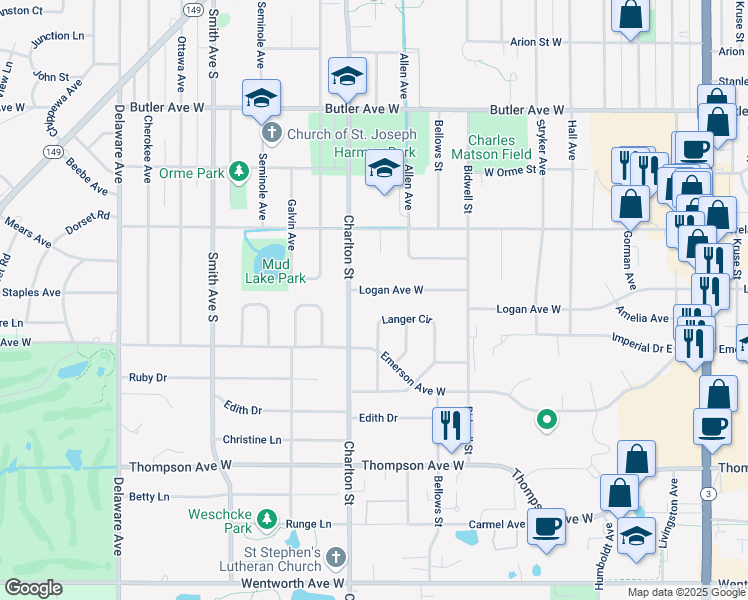 map of restaurants, bars, coffee shops, grocery stores, and more near 218 Logan Avenue West in Saint Paul