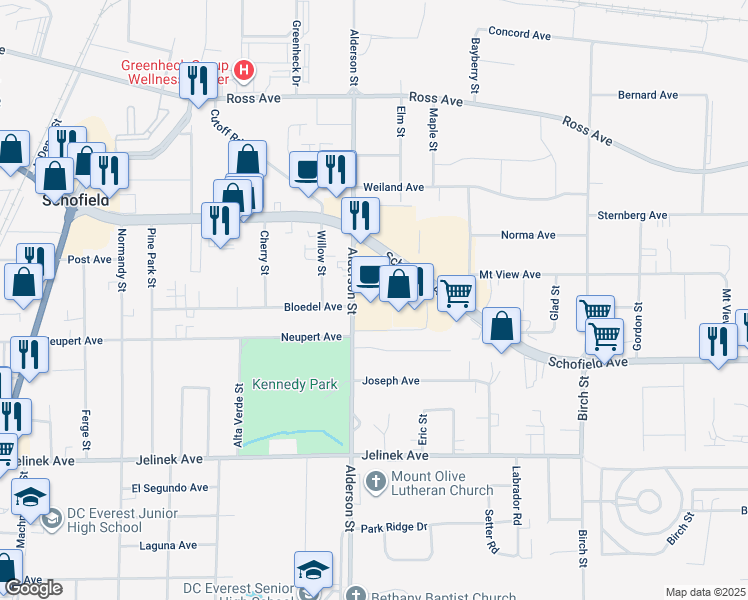 map of restaurants, bars, coffee shops, grocery stores, and more near 2707 Schofield Avenue in Schofield
