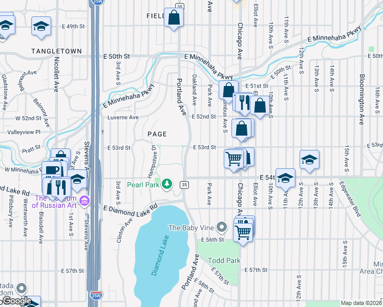 map of restaurants, bars, coffee shops, grocery stores, and more near 5301 Portland Avenue in Minneapolis