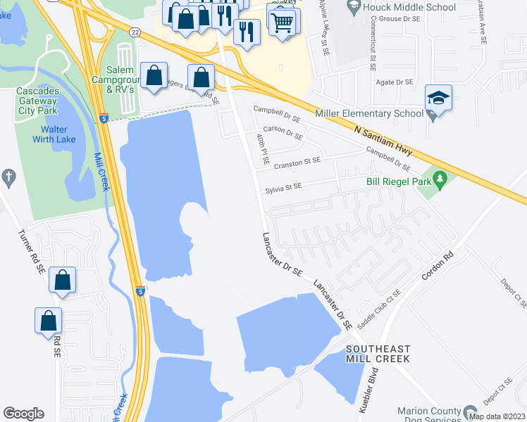 map of restaurants, bars, coffee shops, grocery stores, and more near 2200 Lancaster Drive Southeast in Salem