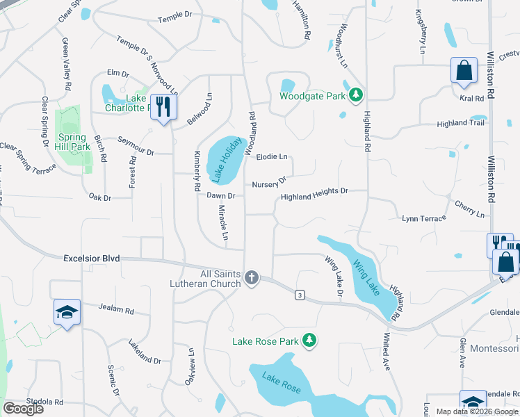 map of restaurants, bars, coffee shops, grocery stores, and more near 15800 Highland Heights Drive in Minnetonka