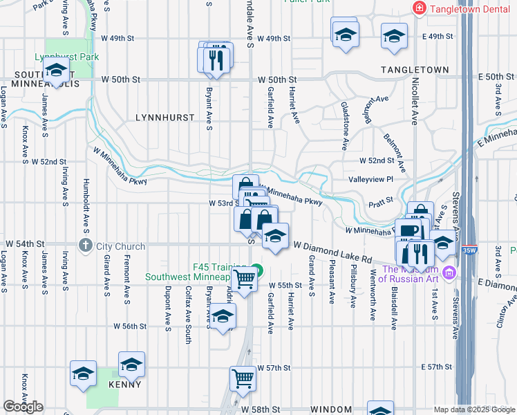 map of restaurants, bars, coffee shops, grocery stores, and more near 616 West 53rd Street in Minneapolis
