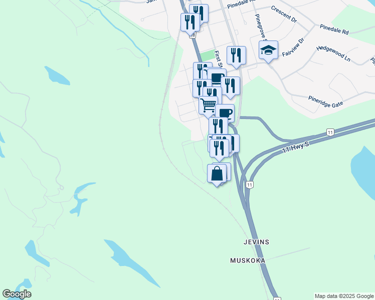 map of restaurants, bars, coffee shops, grocery stores, and more near 225 Edward Street in Gravenhurst