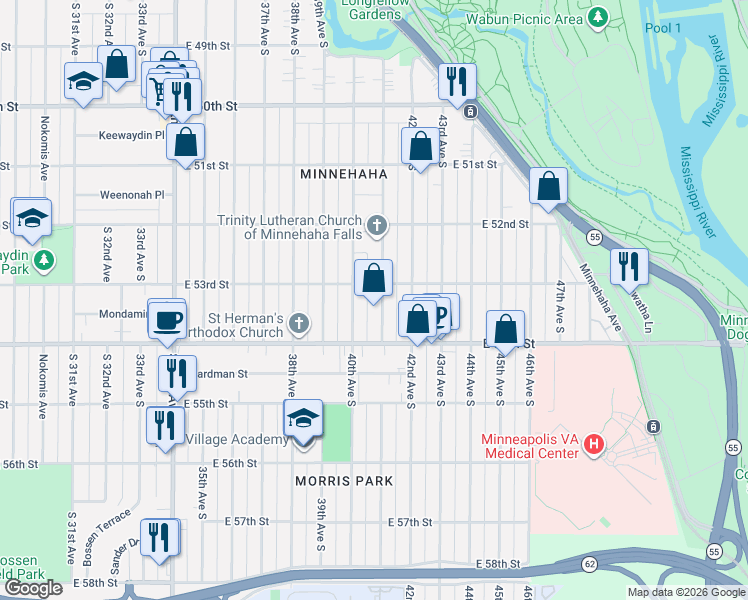 map of restaurants, bars, coffee shops, grocery stores, and more near 5300 41st Avenue South in Minneapolis