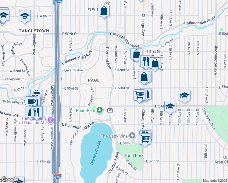 map of restaurants, bars, coffee shops, grocery stores, and more near 5301 Portland Avenue in Minneapolis