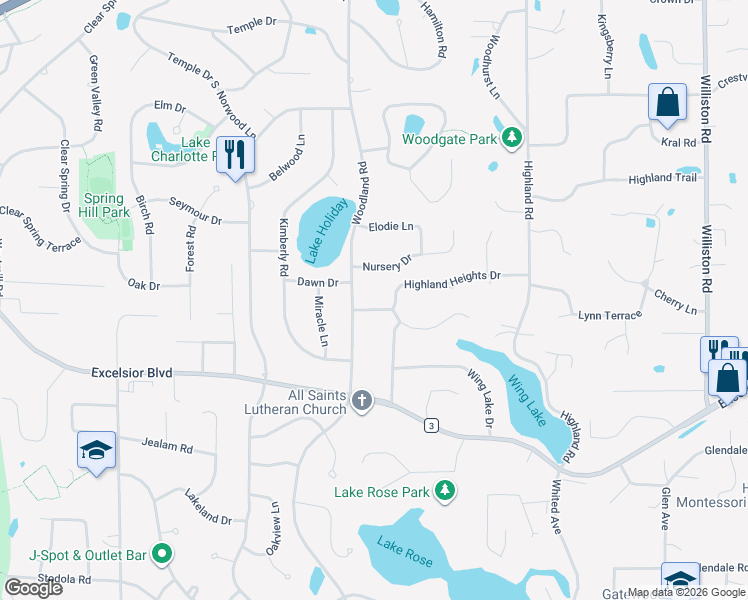 map of restaurants, bars, coffee shops, grocery stores, and more near 15800 Highland Heights Drive in Minnetonka