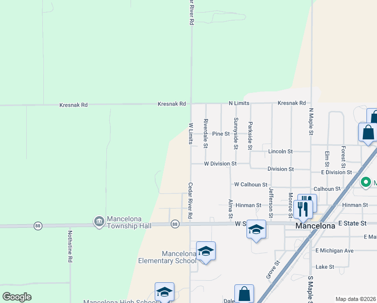 map of restaurants, bars, coffee shops, grocery stores, and more near 8669 Cedar River Road in Mancelona