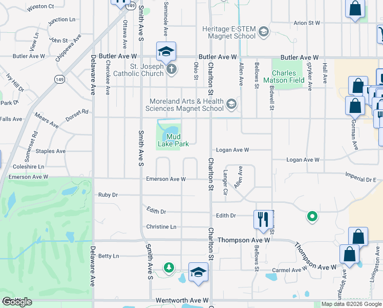 map of restaurants, bars, coffee shops, grocery stores, and more near 1292 Ohio Street in Saint Paul