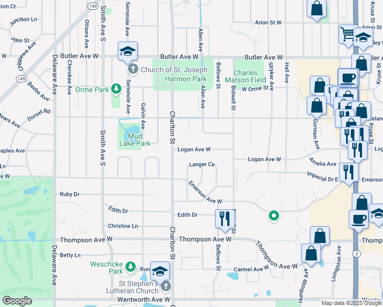 map of restaurants, bars, coffee shops, grocery stores, and more near 218 Logan Avenue West in West Saint Paul