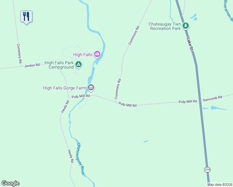 map of restaurants, bars, coffee shops, grocery stores, and more near Commons Road in Chateaugay
