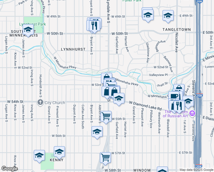 map of restaurants, bars, coffee shops, grocery stores, and more near 5310 Lyndale Avenue South in Minneapolis