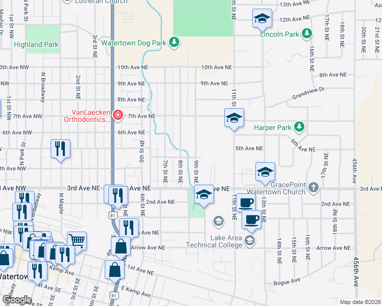 map of restaurants, bars, coffee shops, grocery stores, and more near 524 9th Street Northeast in Watertown