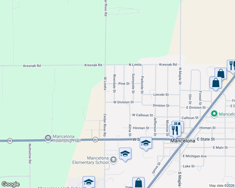 map of restaurants, bars, coffee shops, grocery stores, and more near 408 Riverdale Street in Mancelona