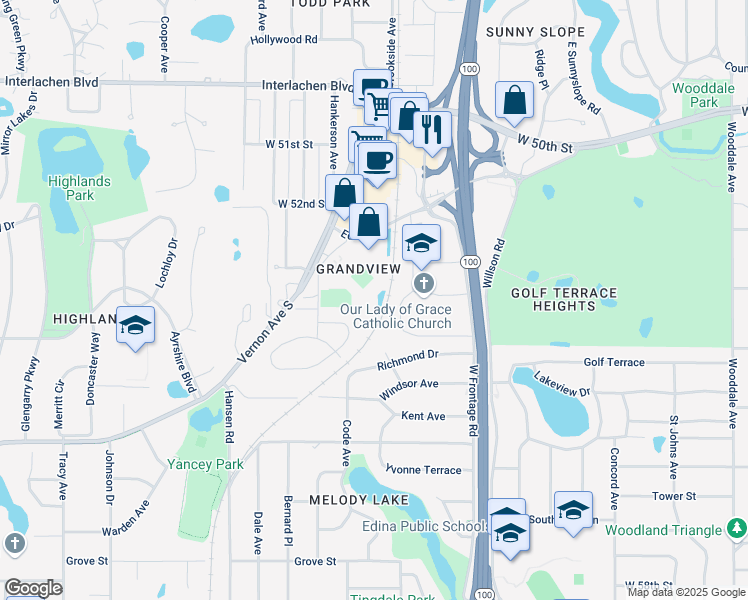 map of restaurants, bars, coffee shops, grocery stores, and more near 5225 Grandview Square in Edina