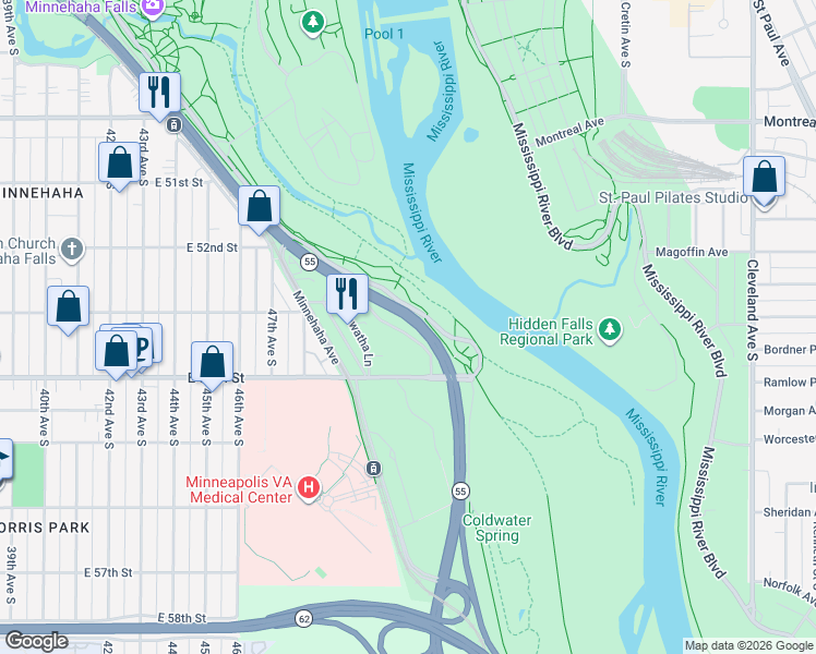 map of restaurants, bars, coffee shops, grocery stores, and more near 5335 Riverview Road in Minneapolis