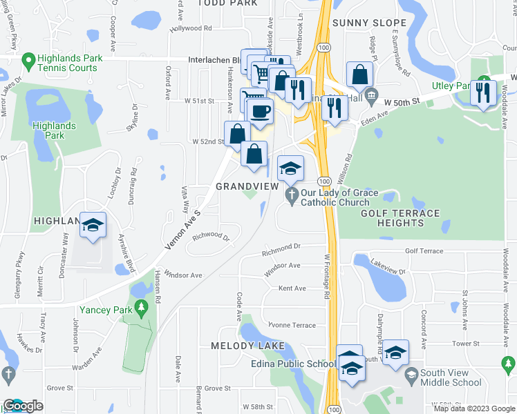 map of restaurants, bars, coffee shops, grocery stores, and more near 5225 Grandview Square in Edina