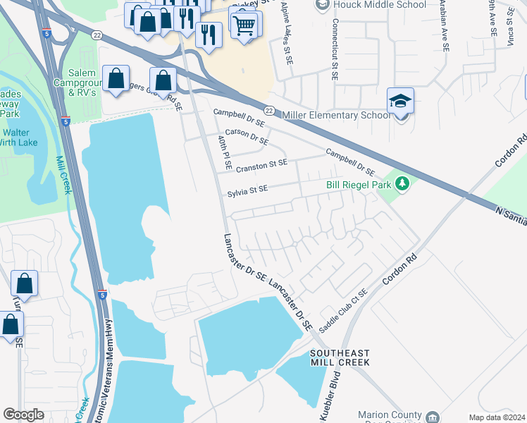 map of restaurants, bars, coffee shops, grocery stores, and more near 2200 Lancaster Drive Southeast in Salem