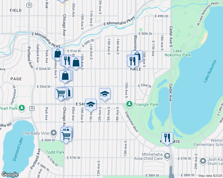 map of restaurants, bars, coffee shops, grocery stores, and more near 5254 13th Avenue South in Minneapolis