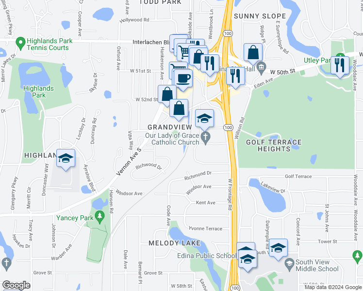 map of restaurants, bars, coffee shops, grocery stores, and more near 5225 Grandview Square in Edina