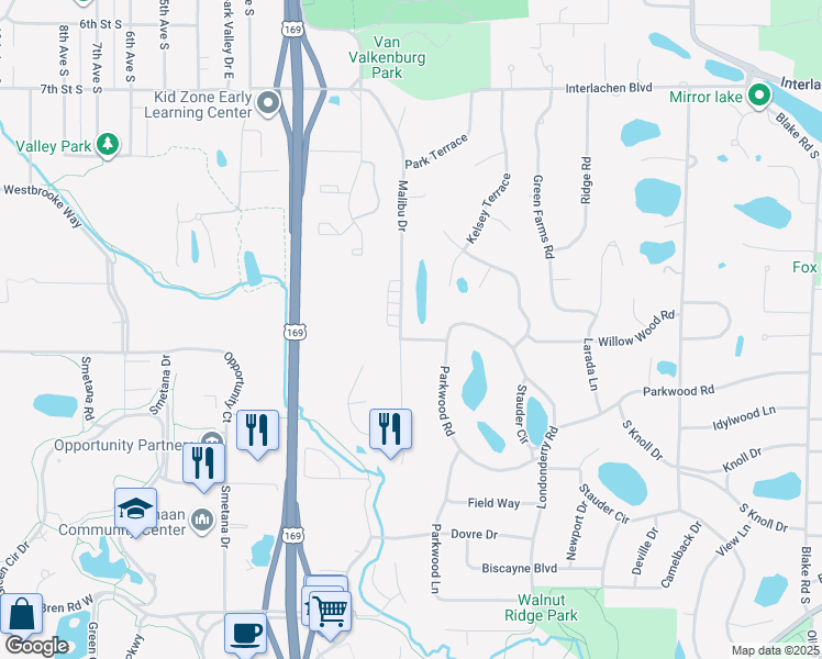 map of restaurants, bars, coffee shops, grocery stores, and more near 5314 Malibu Drive in Minneapolis