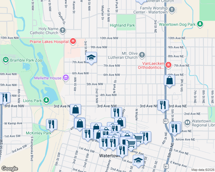 map of restaurants, bars, coffee shops, grocery stores, and more near 100-198 5th Ave NW in Watertown