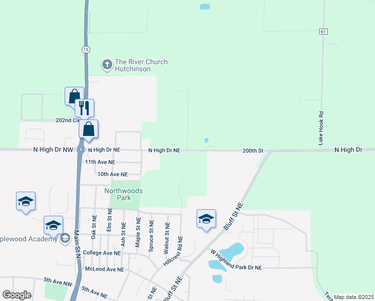 map of restaurants, bars, coffee shops, grocery stores, and more near 400 North High Drive Northeast in Hutchinson