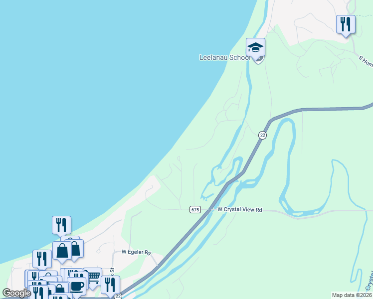 map of restaurants, bars, coffee shops, grocery stores, and more near 5300 West Overbrook Road in Glen Arbor
