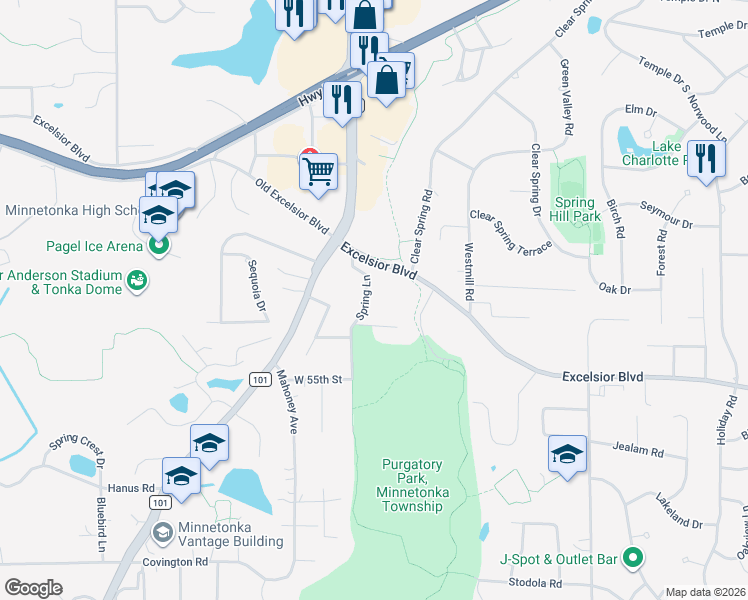 map of restaurants, bars, coffee shops, grocery stores, and more near 5325 Spring Lane in Minnetonka