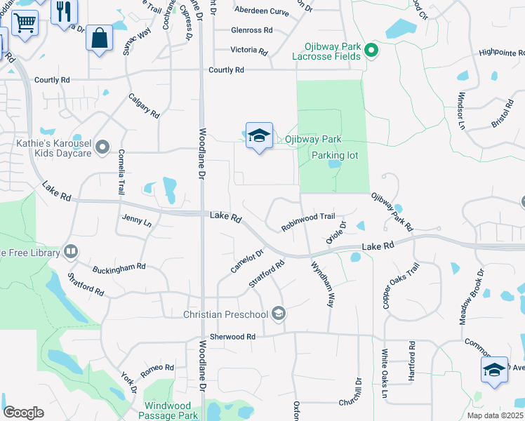 map of restaurants, bars, coffee shops, grocery stores, and more near 7070 Robinwood Trail in Woodbury