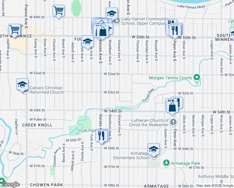 map of restaurants, bars, coffee shops, grocery stores, and more near 5300 Vincent Avenue South in Minneapolis
