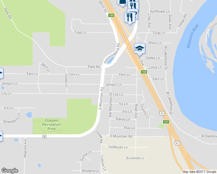 map of restaurants, bars, coffee shops, grocery stores, and more near 5502 Rib Mountain Drive in Wausau