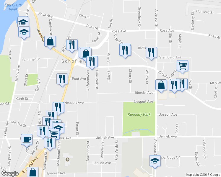 map of restaurants, bars, coffee shops, grocery stores, and more near 2000 Bloedel Avenue in Schofield