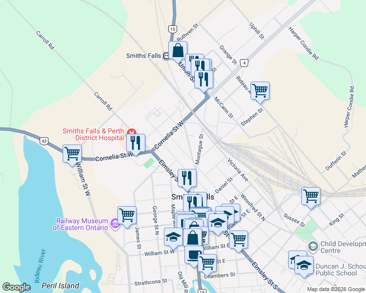 map of restaurants, bars, coffee shops, grocery stores, and more near 25 Kensington Avenue in Smiths Falls