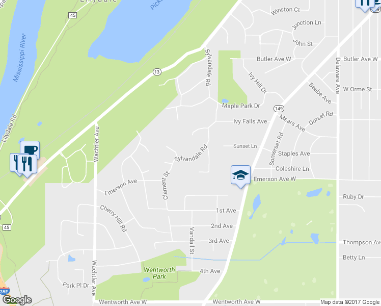 map of restaurants, bars, coffee shops, grocery stores, and more near 1289 Sylvandale Road in Mendota Heights