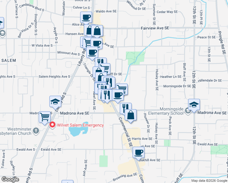 map of restaurants, bars, coffee shops, grocery stores, and more near 3390 Willa Lane Southeast in Salem