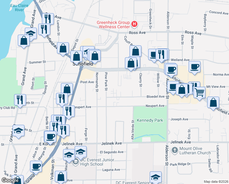 map of restaurants, bars, coffee shops, grocery stores, and more near 2000 Bloedel Avenue in Schofield