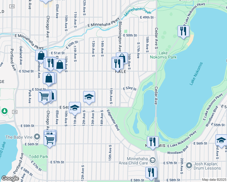 map of restaurants, bars, coffee shops, grocery stores, and more near 5301 South 15th Avenue in Minneapolis