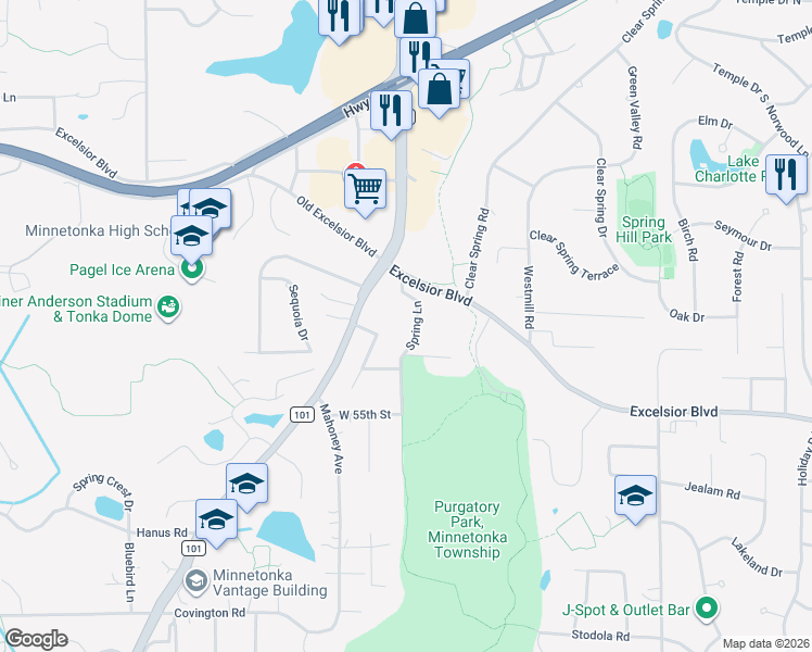 map of restaurants, bars, coffee shops, grocery stores, and more near 5325 Spring Lane in Minnetonka