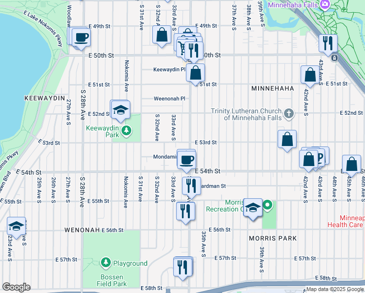map of restaurants, bars, coffee shops, grocery stores, and more near 3315 E 53rd St in Minneapolis