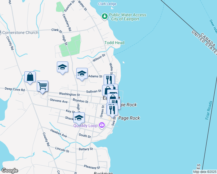 map of restaurants, bars, coffee shops, grocery stores, and more near 112 Water Street in Eastport